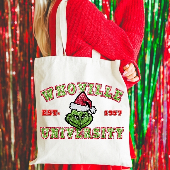 Christmas Grinch Whoville University Green Glitter Natural Cotton Canvas Tote - Picture 1 of 2